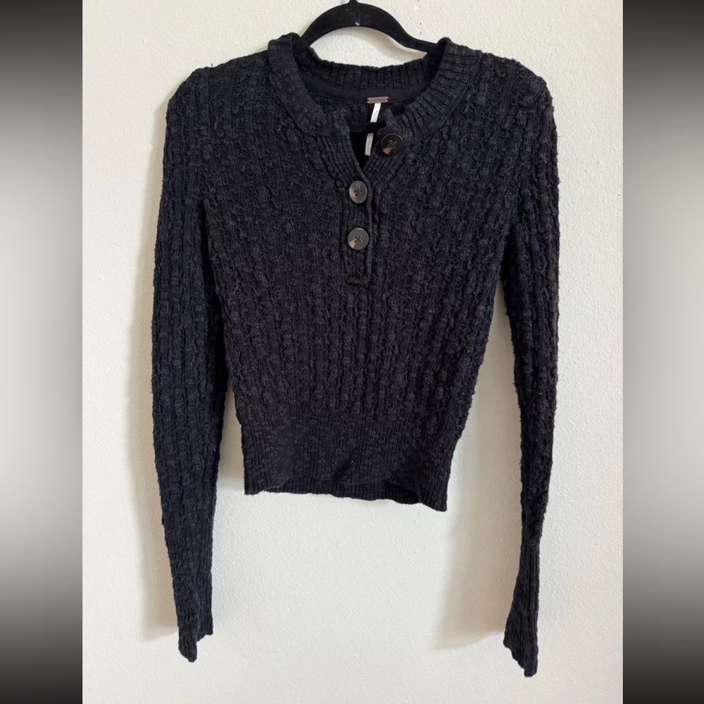 Free People Black Chunky Knit All My Friends Textured Big Button Sweater Size S